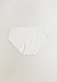 Weiße Baumwollunterwäsche mit rosa Punkten. Verfügt über ein Vollschlanken-Design und einen glatten, elastischen Bund. Weiche Textilstruktur.