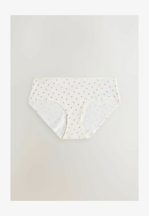 Biele bavlnené spodné prádlo s ružovými bodkami. Má plné pokrytie a hladký elastický pás. Mäkka textilná štruktúra.
