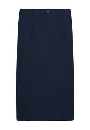 Gonna a matita blu navy realizzata in tessuto liscio; presenta una silhouette aderente con un cinturino in vita e un orlo all'altezza del ginocchio. Nessun motivo o accentuazione visibili.