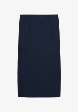 Jupe crayon bleu marine en tissu lisse ; présente une silhouette ajustée avec une taille et un ourlet au niveau du genou. Pas de motifs ou d'accents visibles.