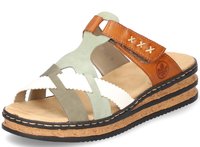 Sandales à semelle en liège avec des sangles en cuir vert, blanc et marron. Caractéristiques d'un design croisé et d'une sangle ajustable avec des détails de couture.