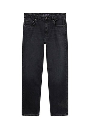 Black straight-leg denim jeans with front button, zipper, belt loops, and five-pocket design.