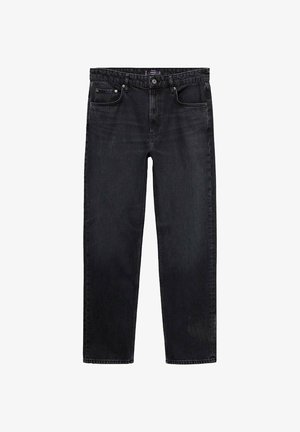 Black straight-leg denim jeans with front button, zipper, belt loops, and five-pocket design.