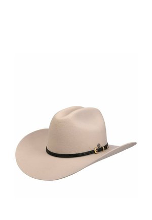Beige felt cowboy hat with wide brim and black braided band featuring small gold buckle accents.