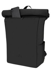 Black roll-top backpack made of durable material, featuring a zippered pocket and side pocket, with a sleek rectangular shape and minimal branding.