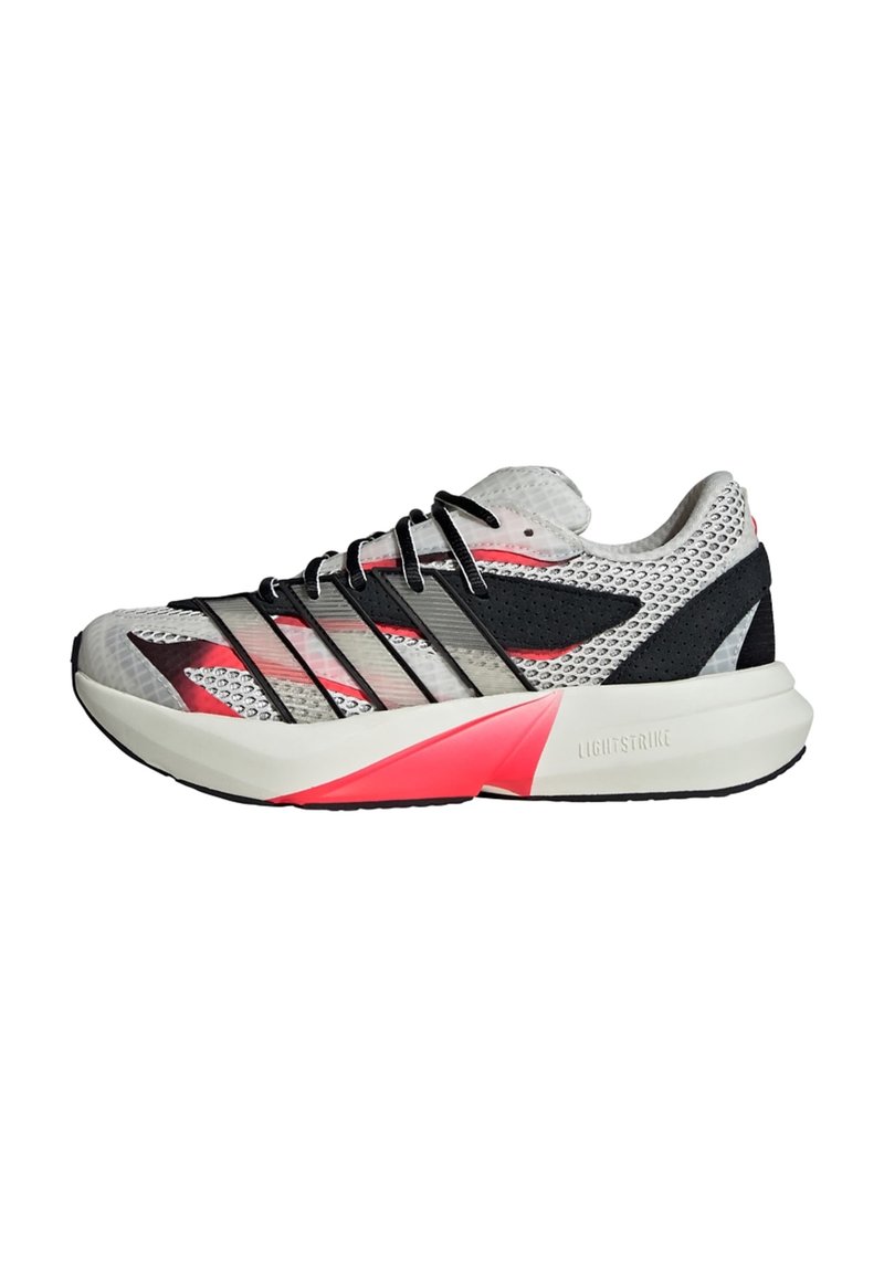 Lightweight running shoe with a breathable mesh upper, black and grey design, pink accents, and a thick white outsole labeled "LIGHTSTRIKE."