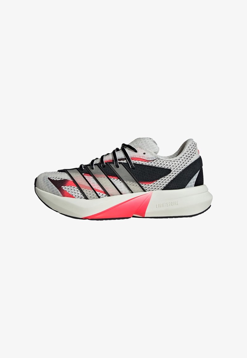 Lightweight running shoe with a breathable mesh upper, black and grey design, pink accents, and a thick white outsole labeled "LIGHTSTRIKE."