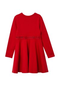 Czerwona sukienka z długim rękawem i rozkloszowaną spódnicą, z ozdobną taśmą z napisem "SOLIVER" w kolorze srebrnym. Wykonana z miękkiego, gładkiego materiału.
