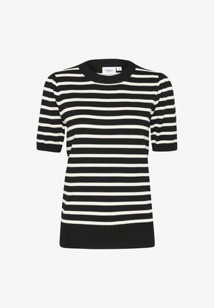 Top in maglia a maniche corte con righe bianco e nero, collo rotondo e orlo a coste. Il tessuto è liscio con una silhouette leggermente aderente.