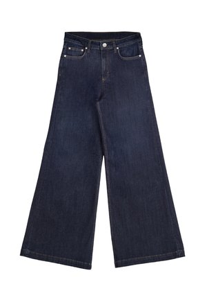 Spodnie dżinsowe o szerokich nogawkach w ciemnym niebieskim denimu, z wysokim stanem, dwoma przednimi kieszeniami i zapięciem na guzik, o gładkiej fakturze i starannym szyciu.