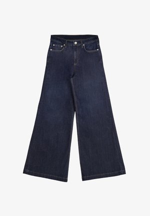 Tummansinisen denim-kankaan leveälahkeiset farkut, joissa on korkea vyötärö, kaksi etutaskua ja nappikiinnitys, sileä pinta ja siistit saumat.