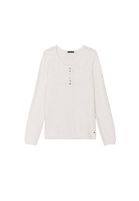 Top bianco a maniche lunghe realizzato in un tessuto texturizzato, con scollatura rotonda e una fila di bottoni lucidi lungo la parte anteriore.