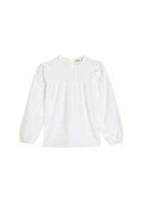 Witte blouse met lange mouwen, ruches bij de hals, textuurstof en gecollecteerde borstnaad. Heeft elastische manchetten en een losse pasvorm.
