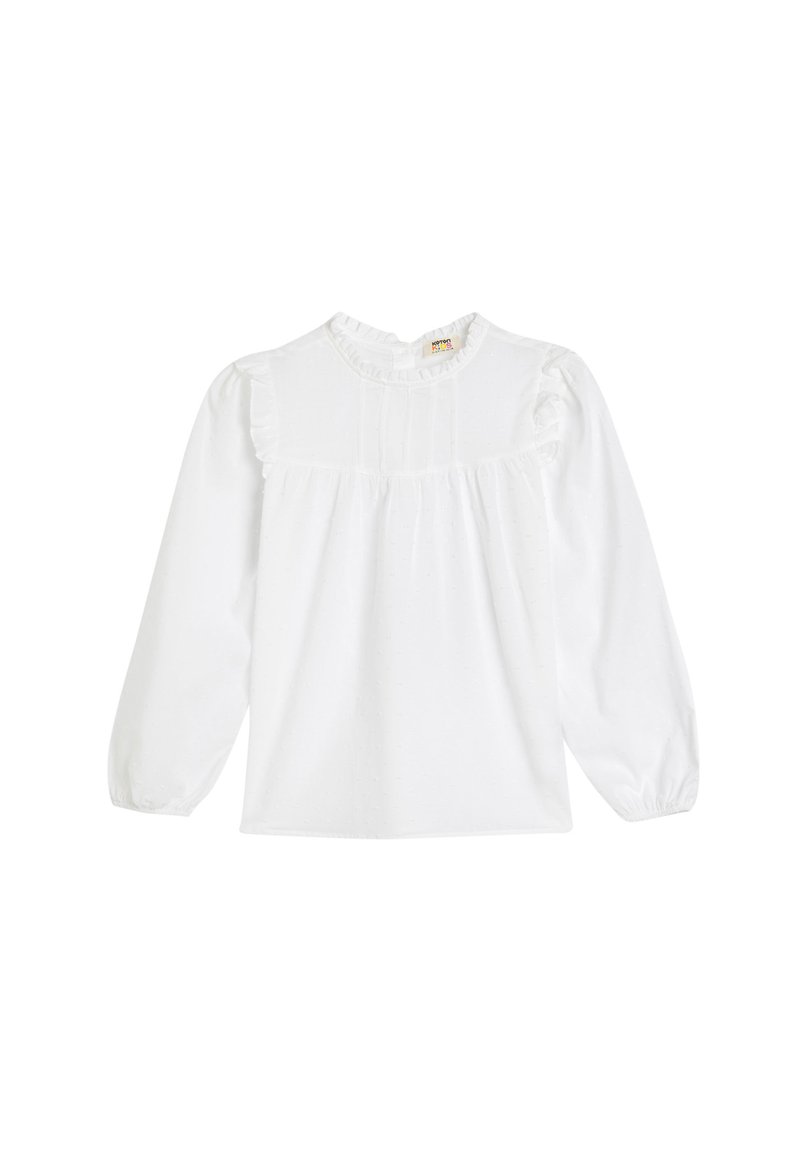 Witte blouse met lange mouwen, ruches bij de hals, textuurstof en gecollecteerde borstnaad. Heeft elastische manchetten en een losse pasvorm.