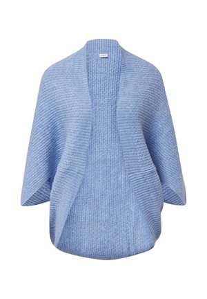 Blau gestrickte Strickjacke mit offener Vorderseite, lockeren Ärmeln und strukturiertem Gewebe. Verfügt über ein dezentes Rippenmuster und fällt locker am unteren Ende.
