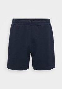 Navyblå bomullsshorts med elastisk midja, med en mjuk yta och sömmar. Litet varumärkeslogotyp på sidan.