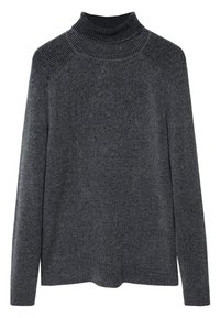 Dunkelgrauer, gerippter Rollkragenpullover mit langen Ärmeln und lockerem Sitz. Hergestellt aus weichem Strickmaterial mit strukturierten Details.