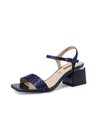 Sandali con tacco color blu navy con punta quadrata, cinturino intrecciato testurizzato e design con tacco a blocco. Presentano un sottile cinturino alla caviglia con fibbia.