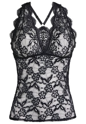 Camisola nera in pizzo con motivi floreali, bordi scallop e scollatura a v. Le spalline si incrociano sul retro per un sostegno aggiuntivo.
