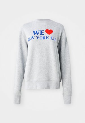 Gray sweatshirt with a crew neckline, long sleeves, and ribbed cuffs. Features red heart and blue text reading "WE ♥ NEW YORK CITY."