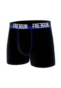 Boxer-briefs noirs avec une ceinture élastique bleue portant le logo "FREEGUN", des coutures bleues contrastantes et une coupe ajustée.