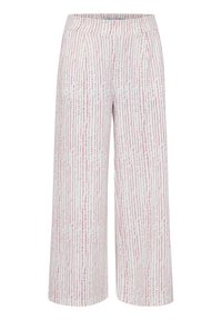 Pantalons larges en tissu léger avec un motif de rayures verticales roses et blanches. Comprend une taille élastique douce avec des plis.
