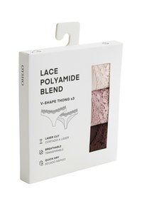 Lot de trois strings en forme de V en mélange de polyamide et dentelle, beige, rose clair et marron foncé, avec découpe laser, respirants et à séchage rapide.