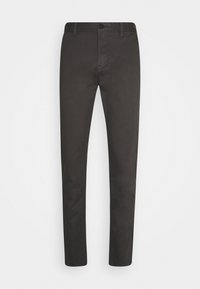 Mørkegrå bukser lavet af glat bomuldsstof. Slim-fit design med bæltestropper, en enkelt forlommes og knaplukning.