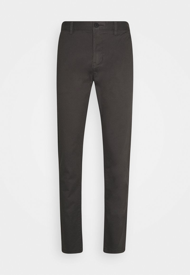 Mørkegrå bukser lavet af glat bomuldsstof. Slim-fit design med bæltestropper, en enkelt forlommes og knaplukning.
