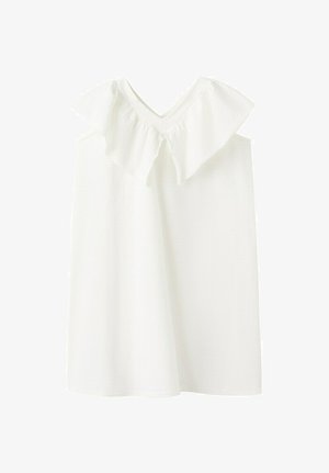 Hvid ærmeløs kjole med V-udskæring og bred flæsedetalje over bryst og skuldre.