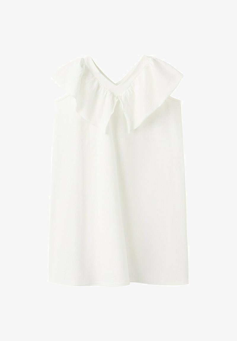 Robe blanche sans manches avec un décolleté en V et un large volant traversant la poitrine et les épaules.