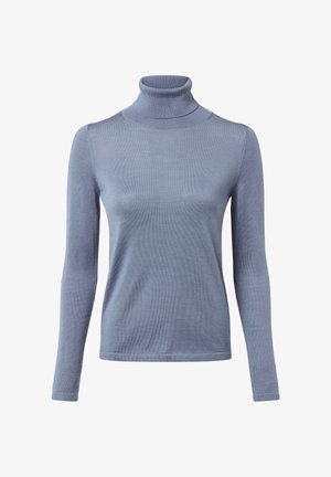 Jasnoniebieski sweter z golfem w dopasowanym fasonie, wykonany z miękkiej, prążkowanej tkaniny, z długimi rękawami i wysokim dekoltem.