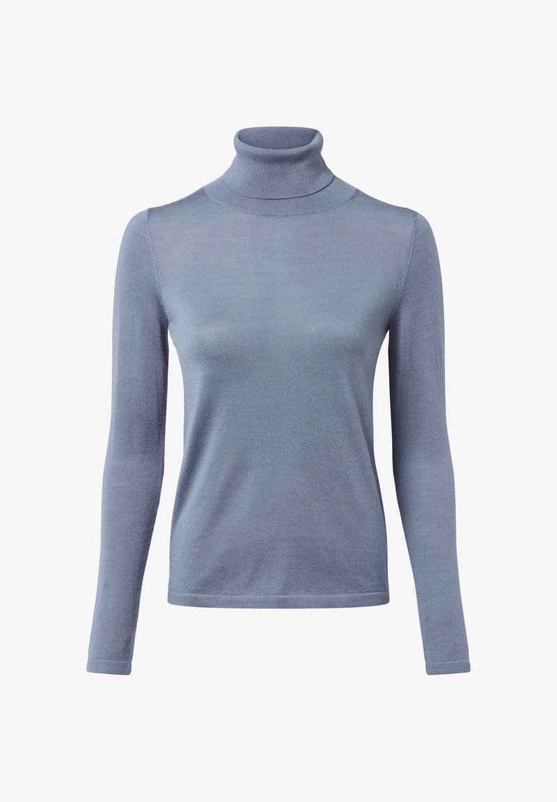 Jasnoniebieski sweter z golfem w dopasowanym fasonie, wykonany z miękkiej, prążkowanej tkaniny, z długimi rękawami i wysokim dekoltem.