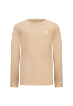 Maglietta a maniche lunghe beige realizzata in un tessuto morbido. Presenta un colletto rotondo e un piccolo logo bianco sul lato sinistro in alto.