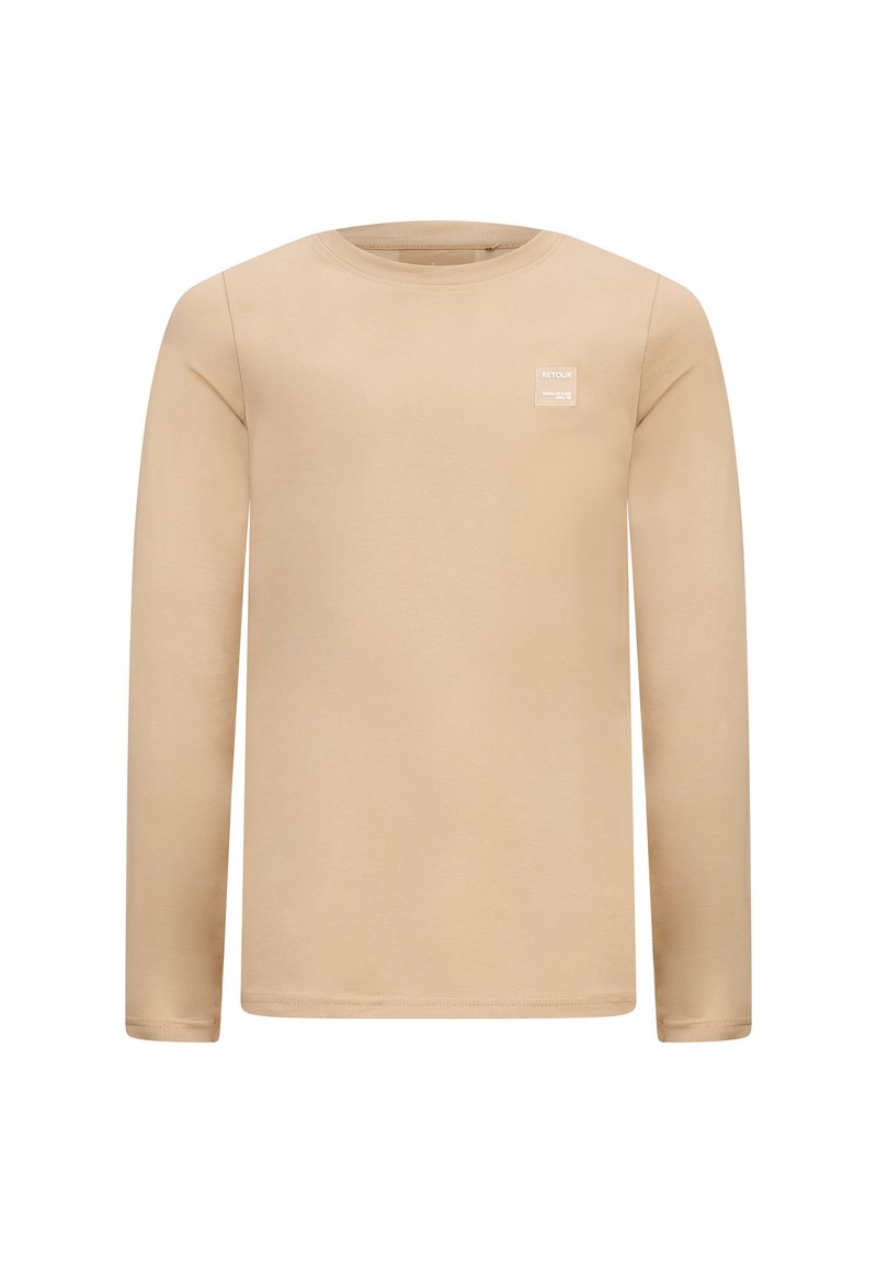 Beige Langarm-T-Shirt aus glattem Stoff. Mit einem runden Halsausschnitt und einem kleinen weißen Logo auf der oberen linken Seite.