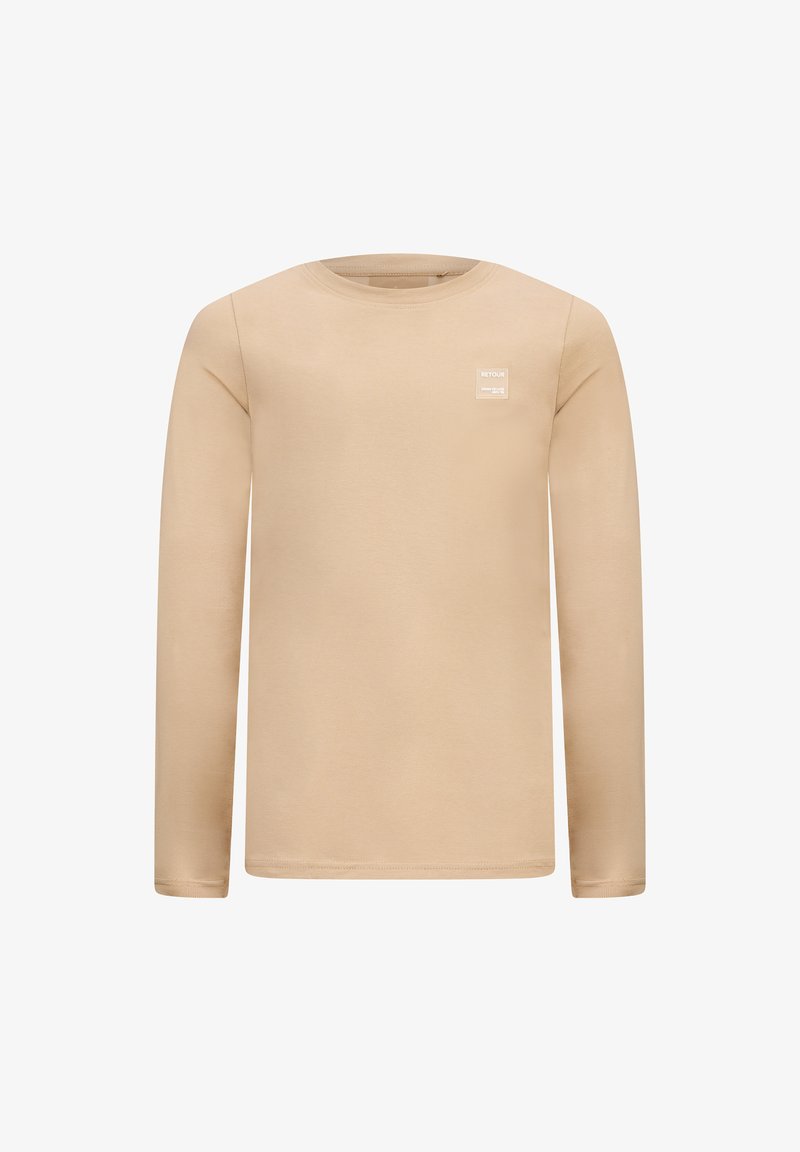 Beige Langarm-T-Shirt aus glattem Stoff. Mit einem runden Halsausschnitt und einem kleinen weißen Logo auf der oberen linken Seite.