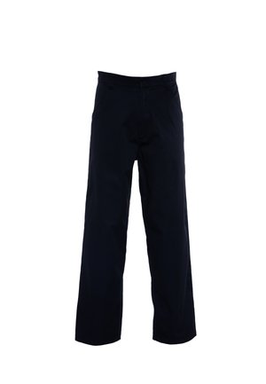 Pantaloni scuri in navy con un design a gamba dritta, realizzati in un tessuto liscio, dotati di tasche laterali e di una vita classica.