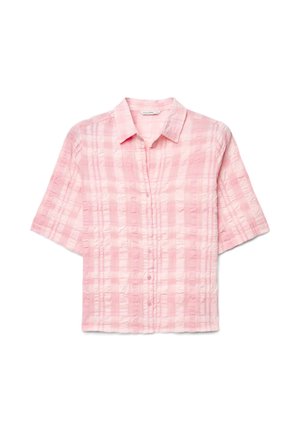 Short-sleeve button-up shirt in light pink with a subtle checkered texture and a classic collar.