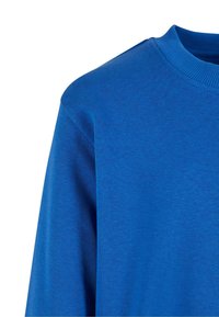 Sweatshirt in cotone blu con scollo a girocollo e dettagli a coste sul collo. Texture morbida e vestibilità regolare. Vista ravvicinata della spalla e della manica.