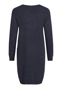 Robe pull à manches longues en maille bleu foncé avec poignets et ourlet côtelés, vue de dos.