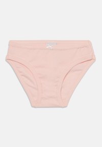 Cuecas de algodão rosa claro com acabamento elástico, um detalhe de laço na cintura e uma textura suave. Forma clássica de cueca com cobertura lateral.