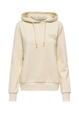 Sweat à capuche couleur crème avec manches longues, poche kangourou à l'avant, cordons et deux motifs de cœur texturés sur le côté gauche de la poitrine.