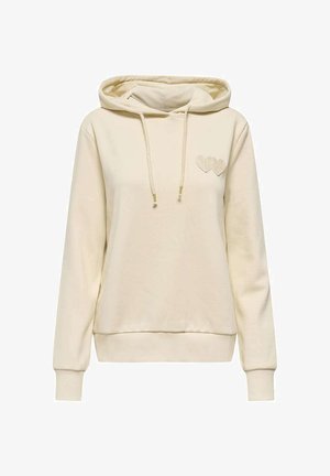 Sweat à capuche couleur crème avec manches longues, poche kangourou à l'avant, cordons et deux motifs de cœur texturés sur le côté gauche de la poitrine.