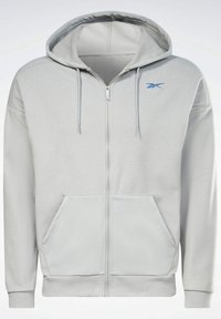 Sweat à capuche zippé gris clair avec poches avant, capuche avec cordon et petit logo bleu sur la poitrine gauche.