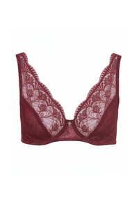 Bordeaux kanten bh met een diepe V-hals, ingewikkelde bloemmotieven en verstelbare bandjes. Bevat een klein centraal decoratief detail.