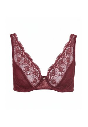 Bordeaux kanten bh met een diepe V-hals, ingewikkelde bloemmotieven en verstelbare bandjes. Bevat een klein centraal decoratief detail.