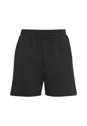 Schwarze Baumwollshorts mit einem elastischen Bund, seitlichen Taschen und einem kleinen Logo-Detail. Glatte Textur und lässiges Design.