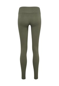 Leggings côtelés en vert olive, dotés d'une taille haute. Fabriqués en matériau extensible pour le confort, avec une texture lisse et une coupe ajustée.
