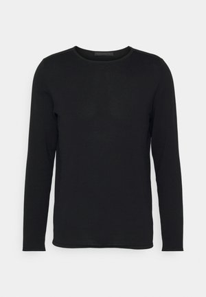 Maglietta nera a maniche lunghe, collo rotondo, realizzata in un tessuto morbido con una texture liscia e dettagli di cucitura minimi. Design classico e versatile.