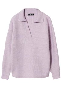 Lawendowy sweter z dzianiny z dekoltem w kształcie litery V, kołnierzykiem i długimi rękawami. Miękka faktura i luźny krój.